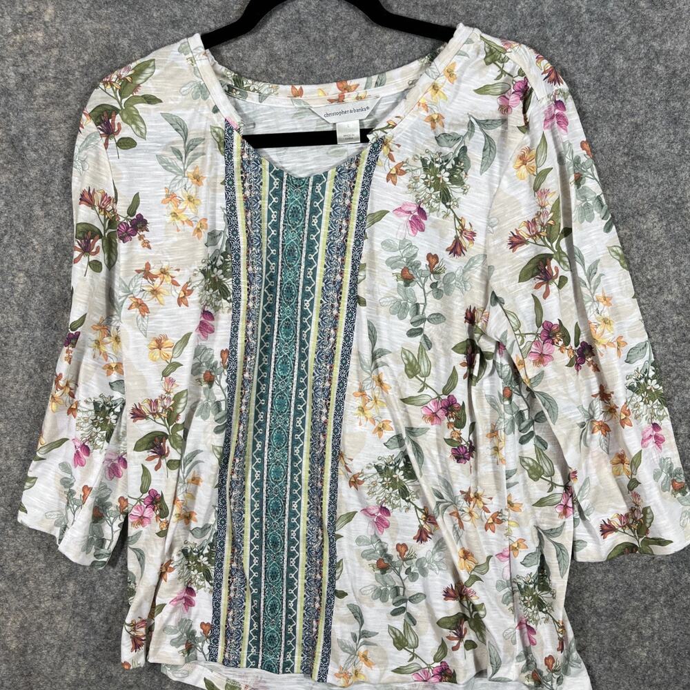 CJ Banks Boho Peasant Top Tunic Sz LG Floral Print Pom Poms 3/4 Sleeves - Picture 8 of 8